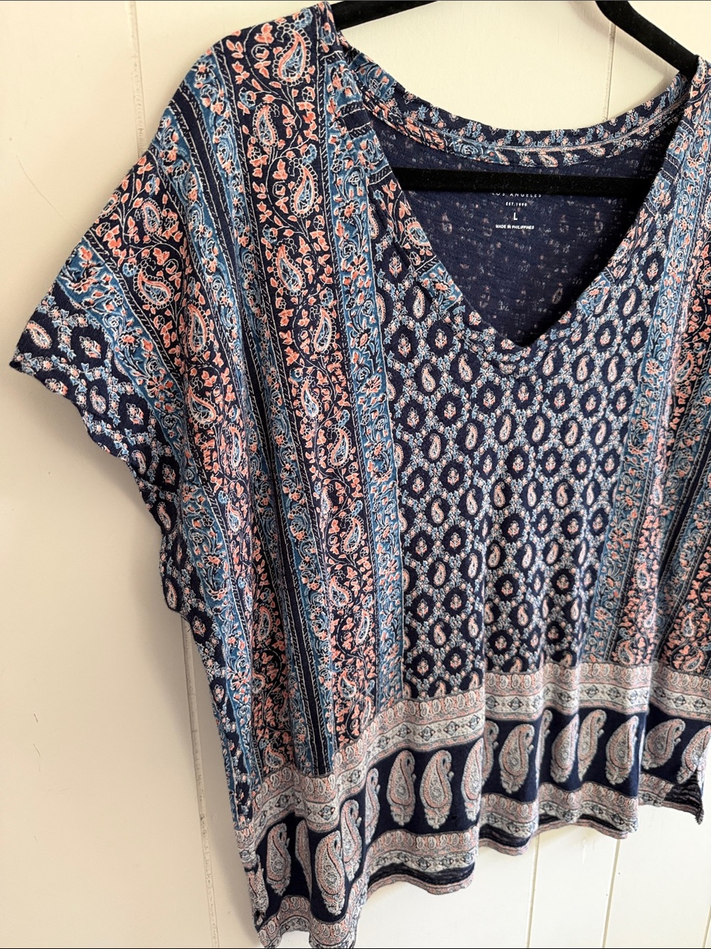 Lucky Brand Navy Paisley Women's Top Dolman Sleeves Boho Coastal Flowy Large - Picture 2 of 9